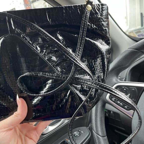 Vintage 80s LARGE Black Vinyl Textured Crocodile Print Evening Bag by Brio 11 - Picture 4 of 6